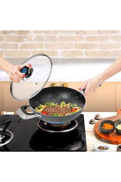 Kawashi 32cm Non-Stick Wok Pan with Glass Lid | Scratch-Resistant Large Wok Pan