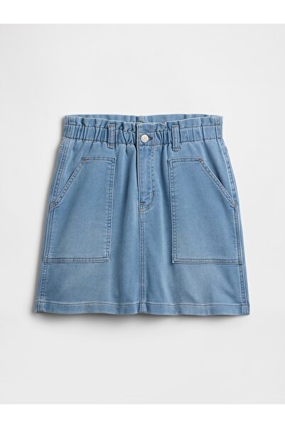 GAP Kız Çocuk Mavi Paperbag Sweatpant Jean Utility Etek