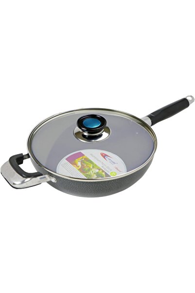 Kawashi مقلاة ووك ألومنيوم غير لاصقة بغطاء زجاجي، مقاس ٢٤ سم | مقلاة عميقة مت...