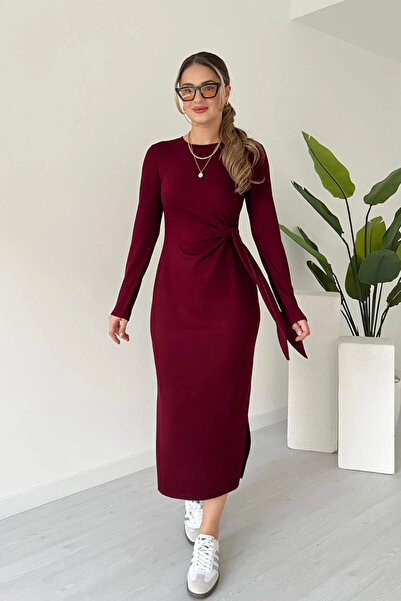 MİROR Women's Burgundy Modal Fabric Long Sleeve Tie Dress