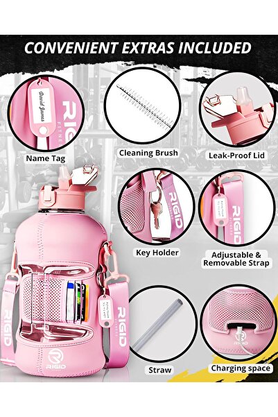 RIGID FITNESS Gym Bottle & Hydration Jug - Large Water Bottle with Straw, Storage Sleeve for Phone -