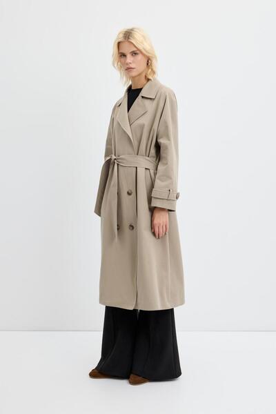 KADRİYE BAŞTÜRK Double-Breasted Collar Lined Long Trench Coat Light Green