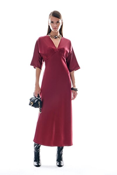 EXPLOSION Saten Drapeli Midi Şık Elbise