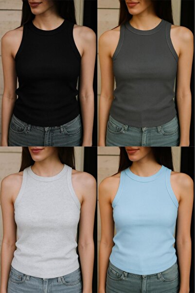 Patreon Women's Halter Neck 4-Piece Cotton Blue, Black, Gray, Anthracite Ribbed Tank Top