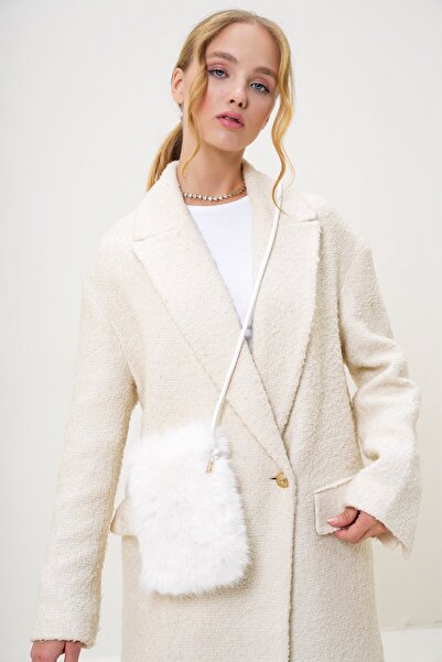 VAGGON Women's Ecru Leather Corded Magnet Closure Faux Fur Phone Bag Prmx13249