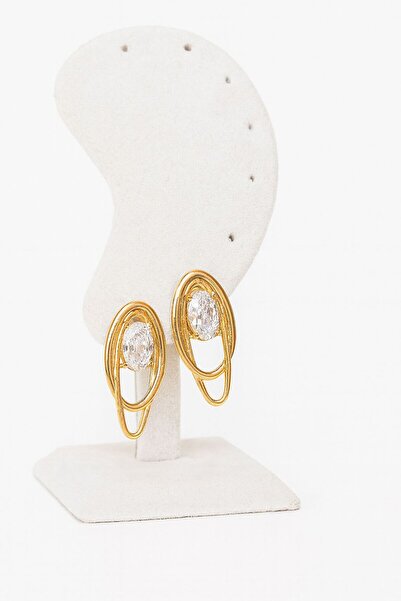 Gunessa Altın Kaplama Oval Taşlı Küpe – Zarif Işıltılı Kadın Küpe Modern Tasarım