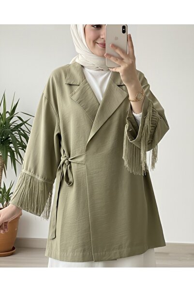 Modamorfo Tie-Front Kimono Jacket with Tassel Detail on the Sleeves - Green