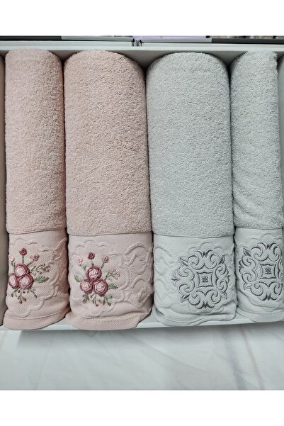 Fiesta 4'lü Banyo Havlu Seti Hamam Takımı Elit Bukle Jakarlı Nakışlı 100% Pamuk