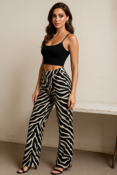 Ramior Black Beige Zebra Patterned High Waist Women's Trousers