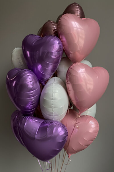 Baloncu Nene Mor Pembe ve Beyaz Kalpli Folyo Balon Helyum 10 Adet Kalp Sevgil...