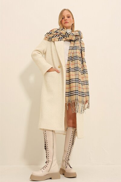 VAGGON Women's Beige Stripe Patterned Plaid Shawl Vgn-X11354
