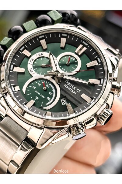 Ferrucci Men's Wristwatch, with Calendar, Functions Active, Green Silver Steel Band, with Bracelet Gift