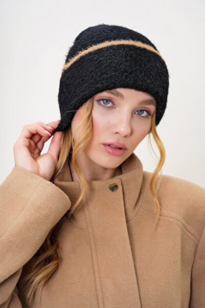 VAGGON Women's Black Stripe Detailed Furry Knitwear Beanie Prmx13257