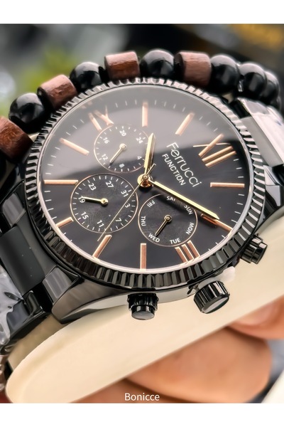 Ferrucci ساعة يد رجالية، مع تقويم، وظائف نشطة، سوار فولاذي أسود، مع سوار هدية