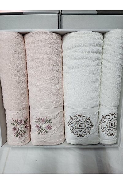 Fiesta 4'lü Banyo Havlu Seti Hamam Takımı Elit Bukle Jakarlı Nakışlı 100% Pamuk