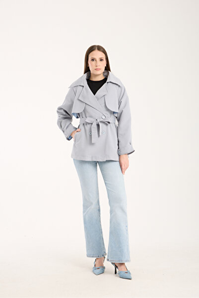 LE CARAMBOLE Kadın Buz Mavi Aller Detaylı Astarlı Kısa Trençkot