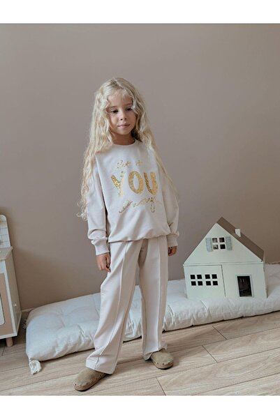 Patriko Girl's Ecru Color Wide-Lettered New Season Long Sleeve Bottom-Top Set