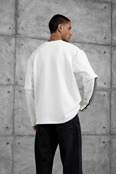 NOMARC Λευκό φούτερ Yc4 Oversize με λεπτομέρεια με ρίγες στο μανίκι