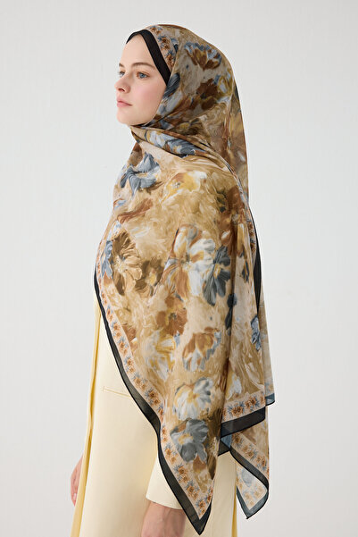 cs camellia scarf Φλωρεντία Μεταξωτό Κρεπ Σάλι - Μαύρο Μπεζ