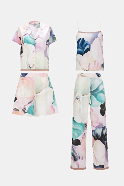 Amarelle Paradise Floral Pattern Woven Viscose Front Buttoned 4 Piece Pajama Suit Set