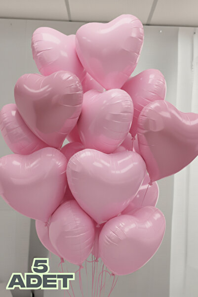 Baloncu Nene 5 Adet Pembe Kalpl Folyo Balon Rafya ve Balon Bandı Helyum Sevgi...