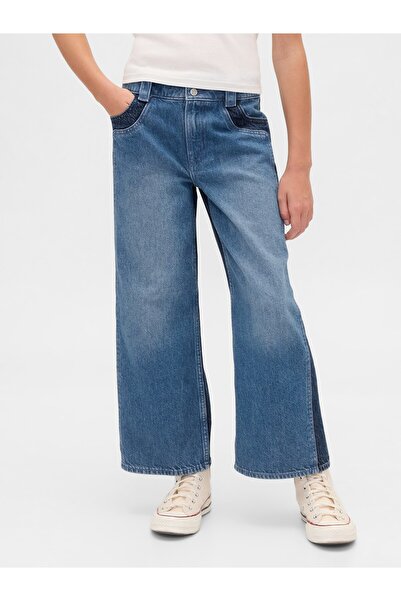 GAP Kız Çocuk Mavi High Rise Stride Wide-Leg Ankle Jean Pantolon