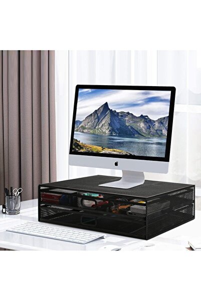 Atlas حامل شاشة مع درج - منظم مكتب شبكي معدني مع درجين انزلاقيين للتخزين