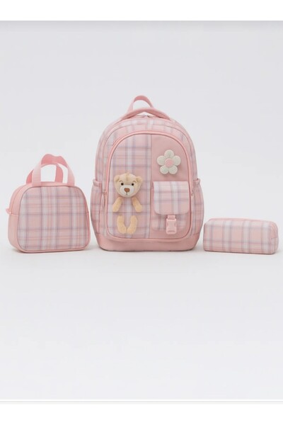 eflanmoda Primary School Bag with Teddy Bear + Lunch + Pencil Case Backpack