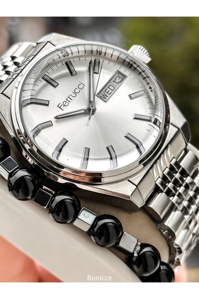Ferrucci Men's Wristwatch, with Calendar, Functions Active, Silver Steel Band, with Bracelet Gift
