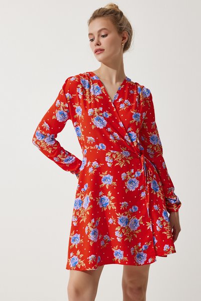 Lovelyİstanbul Floral Mini Wrap Chiffon Dress Lub0144 Red