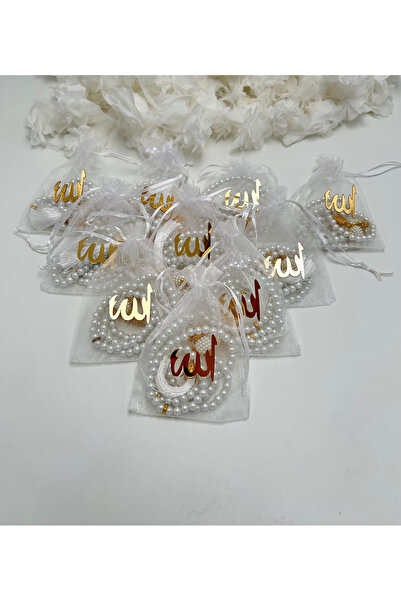 lenagiftworkshop BEYAZ HEDİYELİK LAFIZLI KESEDE İNCİ TESBİH ( 10 ADET ) ( MEVLİD - HAC - UMRE -BOHÇA)