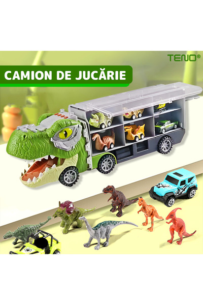 Teno Teno® Toy Transport Trailer Truck Set, T-REX, 12 vehicles included, light green