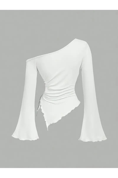 MOONBULL Women's Asymmetrical Cut Side Gathered Winter Long Spanish Sleeve Buz