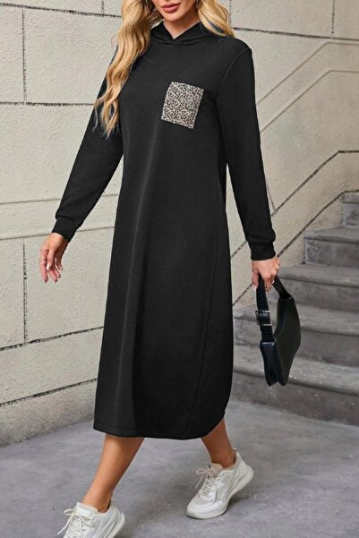 Mossta Hooded Leopard Pocket Detailed Viscose Two Thread Dress - Smoked
