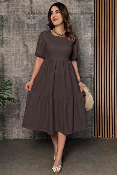 Mossta Short Sleeve Wrinkled Balloon Dress - Brown