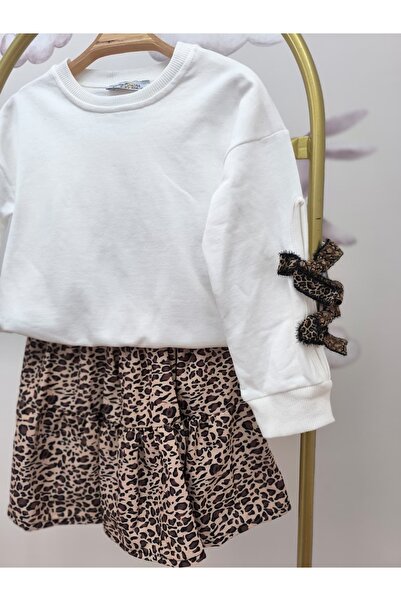 kidsense Leopard Stripe Sleeve Detailed Girls' Skirt Suit