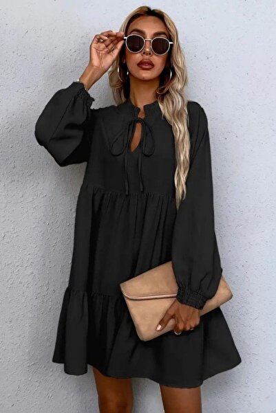 Mossta Collar Tie-Up Long Sleeve Linen Dress - Black