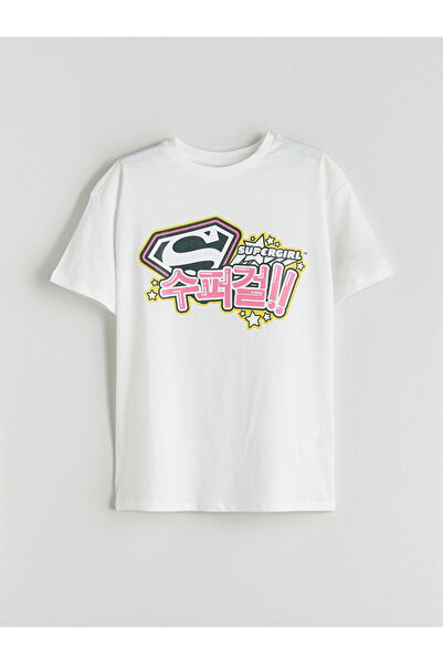 LC Waikiki Κοριτσίστικο μπλουζάκι με στάμπα Ecru Crew Neck