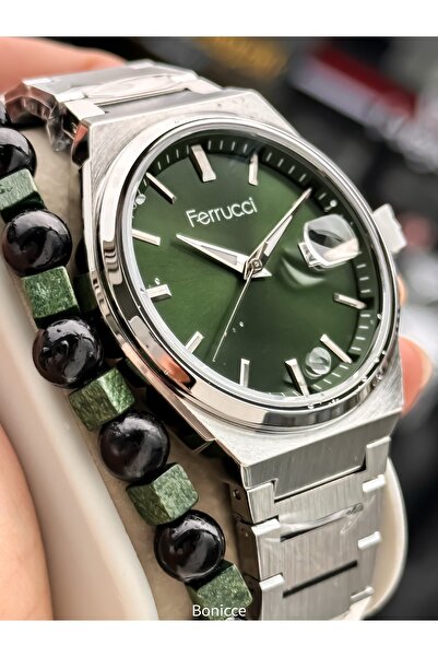 Ferrucci Men's Wristwatch, with Calendar, Green Silver Steel Band, with Bracelet Gift