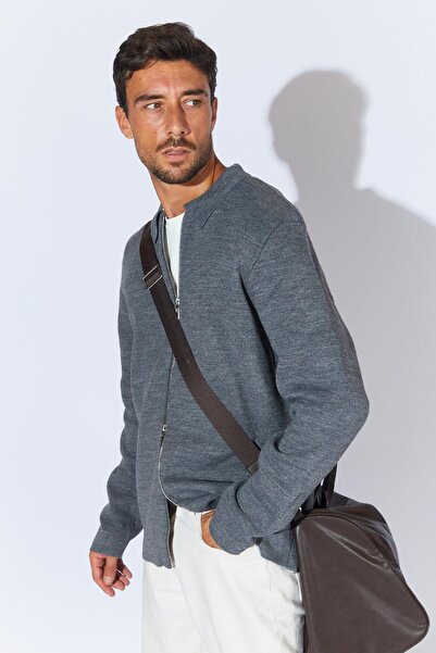 TENA Men's Anthracite-Tan Double Face Acrylic Zippered Cardigan