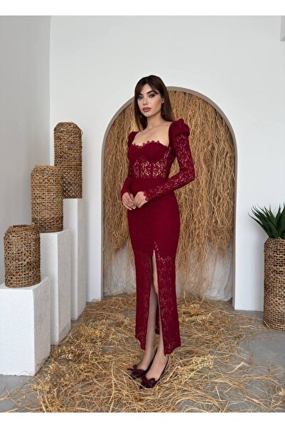 ETİKAFASHION Kalp Yaka Dantel Yırtmaçlı Uzun Kol Kadın Elbise