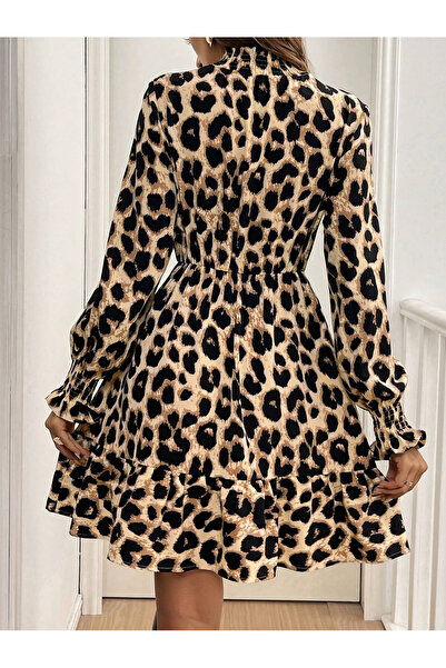 JANES Kadın Uzun Kollu Yarı Balıkçı Yaka Leopar Desenli Modal Mini Elbise