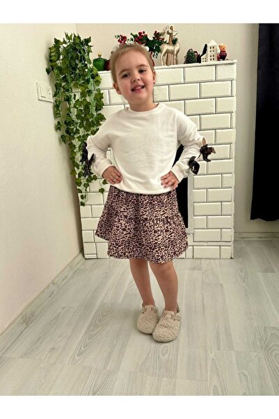 kidsense Leopard Stripe Sleeve Detailed Girls' Skirt Suit