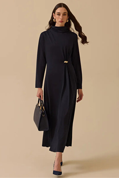 SEÇİL Women's Stand Collar Metal Accessory Draped Dress - Navy Blue