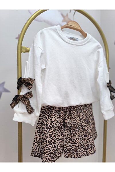 kidsense Leopard Stripe Sleeve Detailed Girls' Skirt Suit