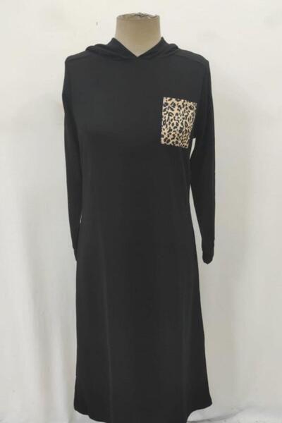 Mossta Hooded Leopard Pocket Detailed Viscose Two Thread Dress - Smoked