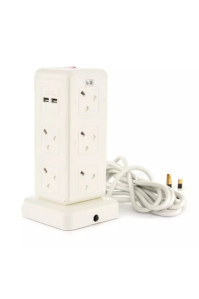 Home Best Power Extension Tower with 10 UK Sockets and 4 USB Ports, 3M White