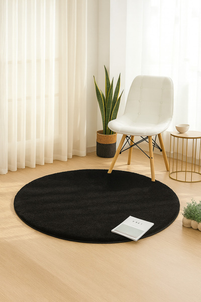 Ela Home Puffy Antrasit Yuvarlak Peluş Halı Kaymaz Taban Yıkanabilir Oturma O...