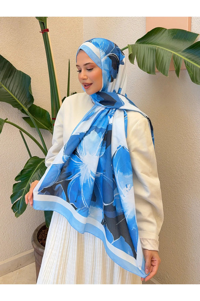 Nûda - Tarzın Değil , Tavrın Zarafeti Mira İpek Retro Desen Pamuk Soft Şal Kadın Mavi Beyaz