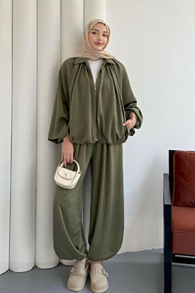 Modaensarbutik Saten Görünmlü Bomber Ceket Pantolon Tesettür Takım-HAKİ YEŞİL